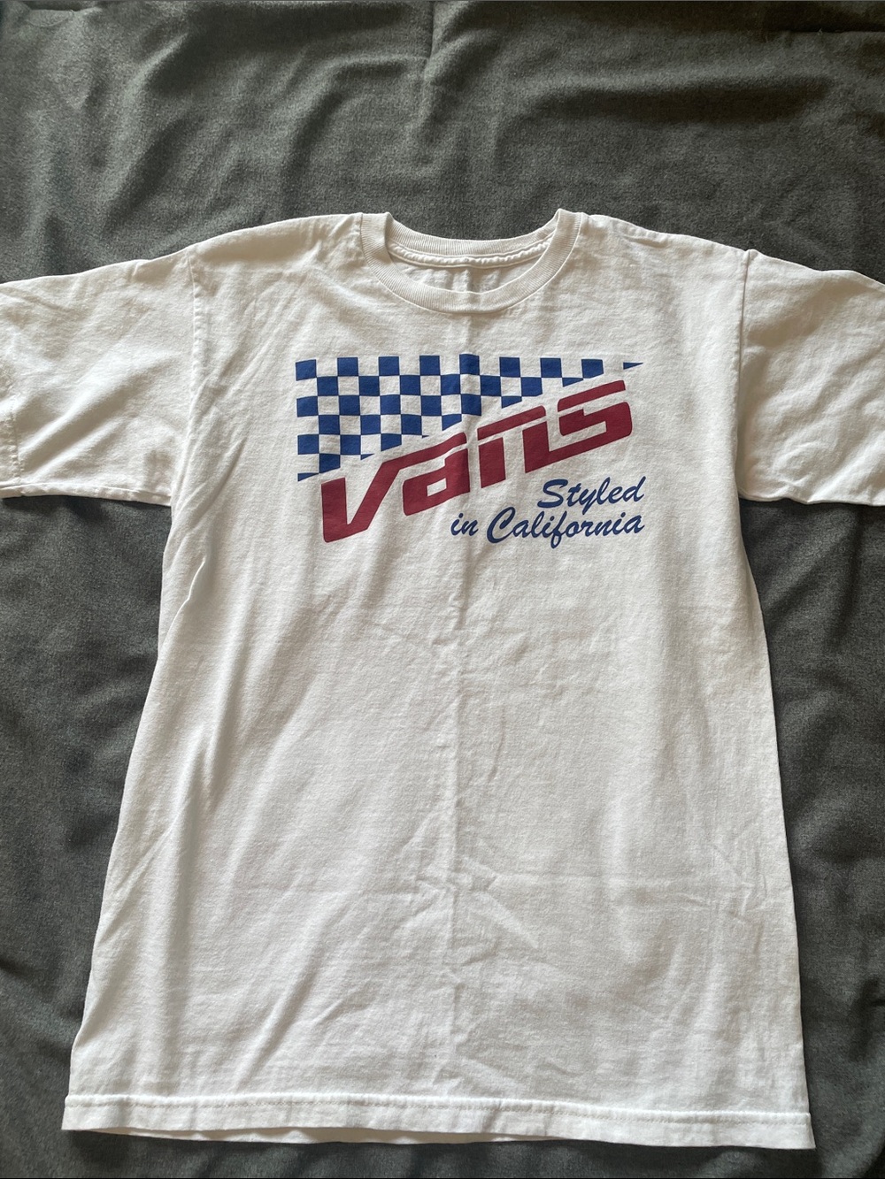 Vans White Tee with Blue Checker and Red Logo